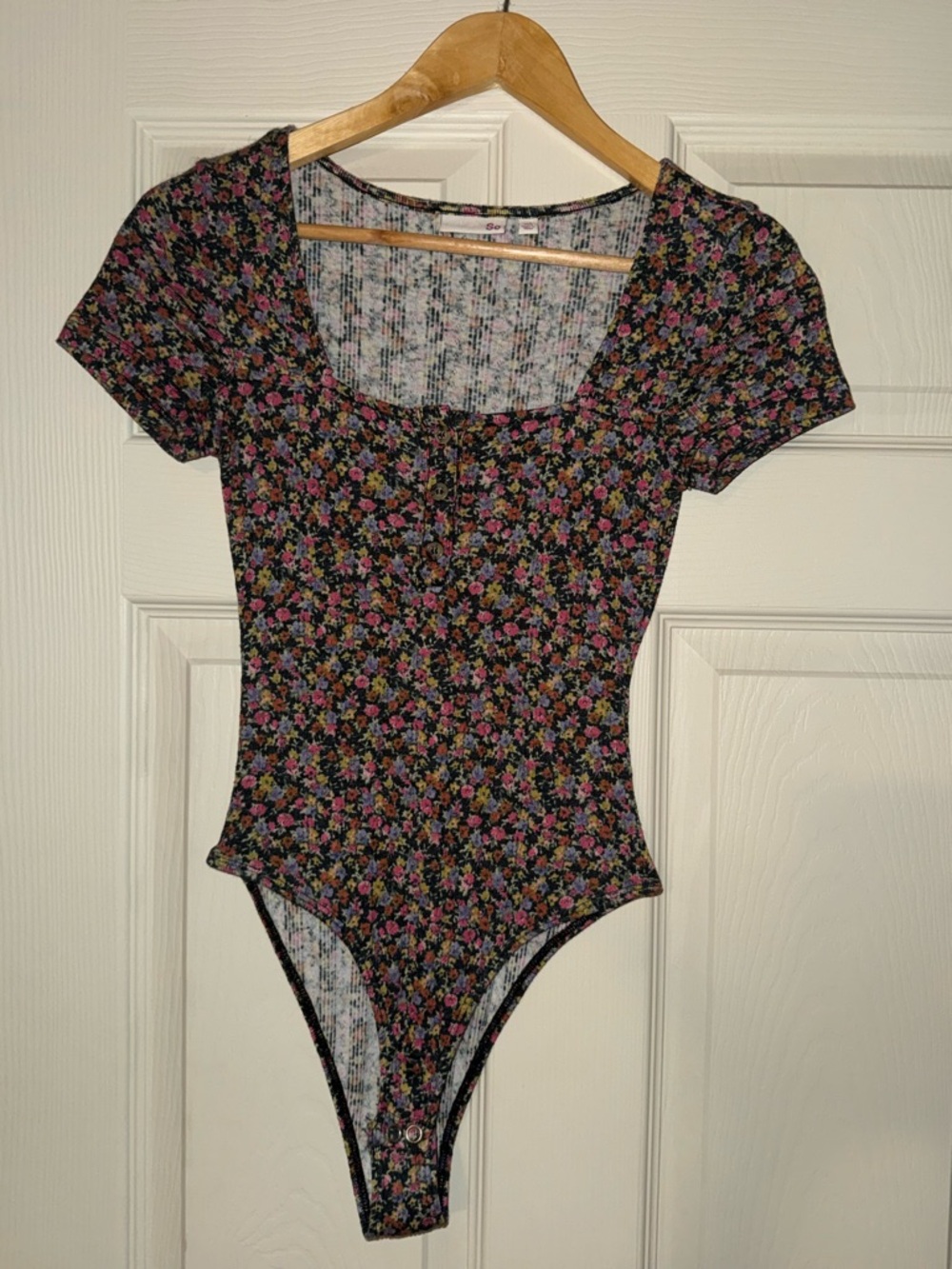 Floral Scoop Neck Bodysuit - Black with Pink Floral